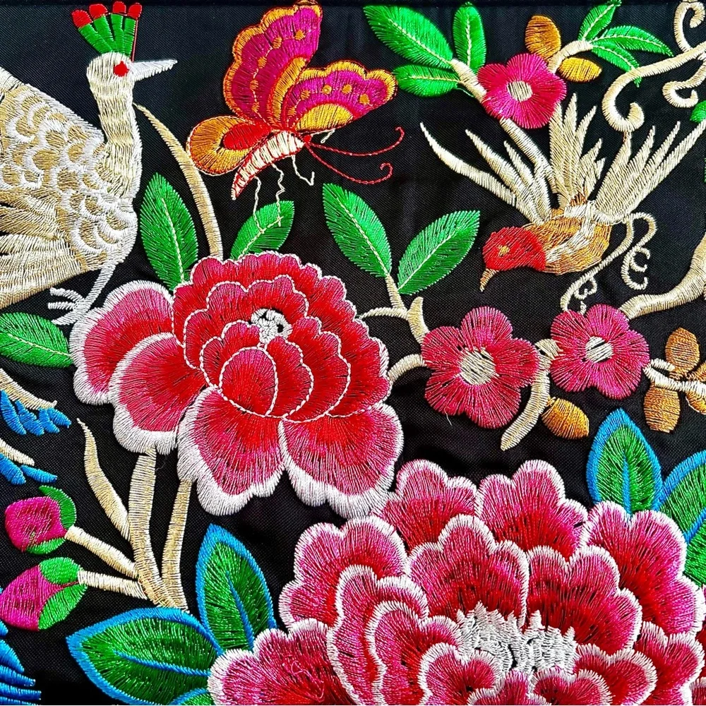 Large Colorful Birds and Florals Embroidered Pom Pom Bag (NWOT) - Picture 2 of 9